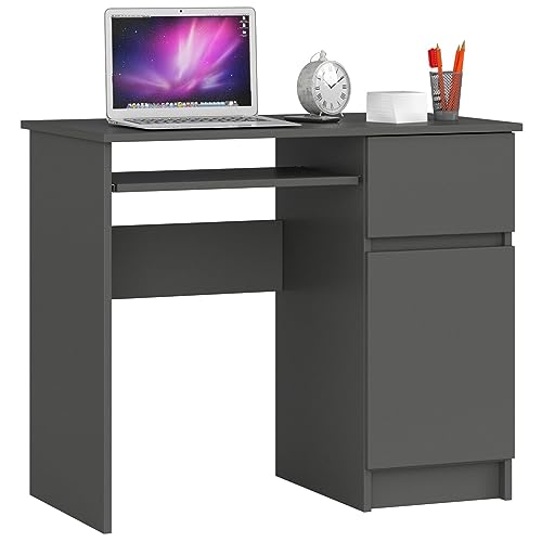 AKORD Piksel Schreibtisch Klein mit Schubladen | Office Desk | Computertisch | Bürotisch mit Tastaturablage | Schublade und Fach mit Tür | B90 x H77 x T50 cm 30 kg | Schrank Rechts | Graphitgrau von AKORD