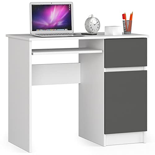 AKORD Piksel Schreibtisch Klein mit Schubladen | Office Desk | Computertisch | Bürotisch mit Tastaturablage | Schublade und Fach mit Tür | B90 x H77 x T50 cm 30 kg | Schrank Rechts | Weiß/Graphitgrau von AKORD