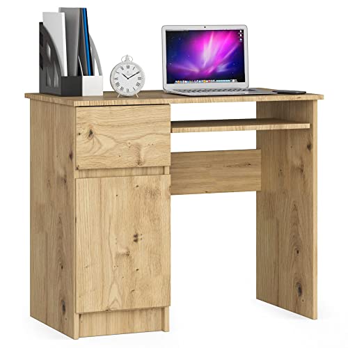 AKORD Piksel Schreibtisch Klein mit Schubladen | Computertisch | Bürotisch mit Tastaturablage | Schublade und Fach mit Tür | B90 x H77 x T50 cm | 30 kg | Schrank Links Farbe: Kunsthandwerkliche Eiche von AKORD