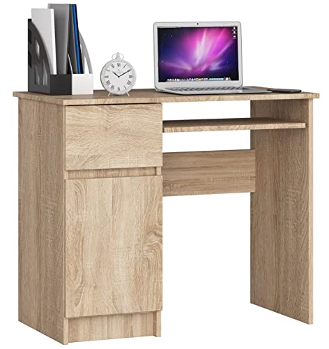 AKORD Piksel Schreibtisch Klein mit Schubladen | Computertisch | Bürotisch mit Tastaturablage | Schublade und Fach mit Tür | Holz Deko | B90 x H77 x T50 cm 30 kg | Schrank Links | Sonoma-Eiche von AKORD