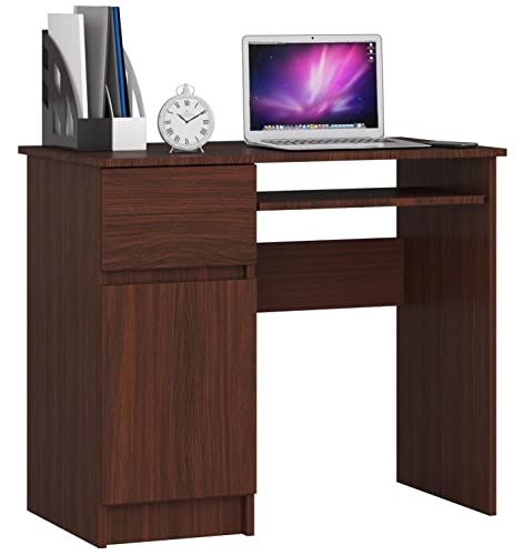 AKORD Piksel Schreibtisch Klein mit Schubladen | Office Desk | Computertisch | Bürotisch mit Tastaturablage | Schublade und Fach mit Tür | Holz Deko | B90 x H77 x T50 cm 30 kg | Schrank Links | Wenge von AKORD