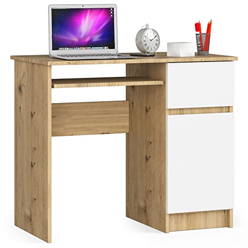 AKORD Piksel Schreibtisch Klein mit Schubladen | Computertisch | Bürotisch mit Tastaturablage | Schublade und Fach mit Tür | B90 x H77 x T50 cm 30 kg | Schrank Rechts | Farbe: Artisan Eiche | Weiß von AKORD