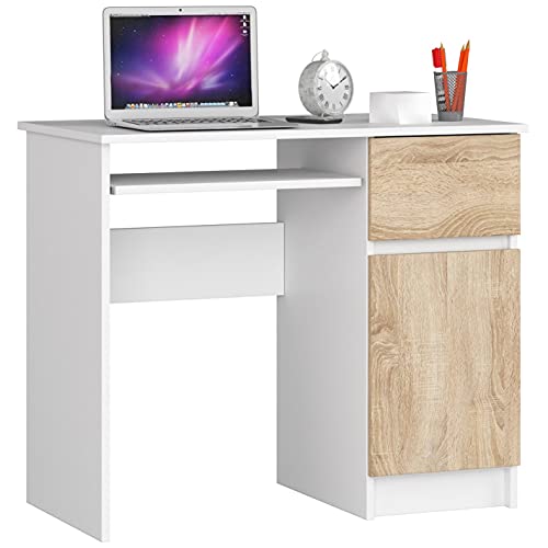 AKORD Piksel Schreibtisch Klein mit Schubladen | Office Desk | Computertisch | Bürotisch mit Tastaturablage | Schublade und Fach mit Tür | Holz Deko | B90 x H77 x T50 cm 30 kg | Schrank Rechts von AKORD