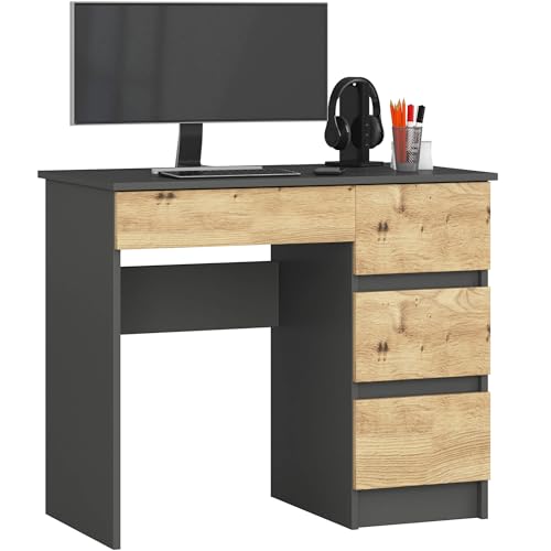 AKORD Schreibtisch A7 90 cm | 4 Schubladen Rechts | Computertisch | Für Zuhause | Für das Büro | Für die Arbeit | B90 x H77 x T50 cm | Gewicht 30,50 kg | Graphitgrau/Artisan Eiche von AKORD