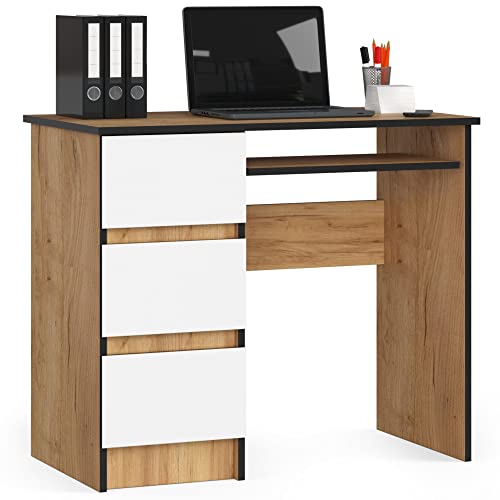 AKORD Schreibtisch A6 90 cm | 3 Schubladen Links | Schreibtisch | Bürotisch | Computertisch | Arbeitstisch | Laptoptisch | Bürmöbel | B90 x H77 x T50 cm | Gewicht 29,95 kg | Craft Eiche/Weiß von AKORD