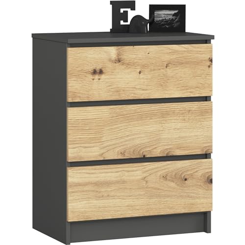 AKORD | Schubladenkommode | Nachttisch | Komodenschrank | Ideal für kleine Gegenstände | Rollcontainer | Laminatplatte | Langlebig | Elegantes Design | Graphitgrau | Eiche Artisan von AKORD