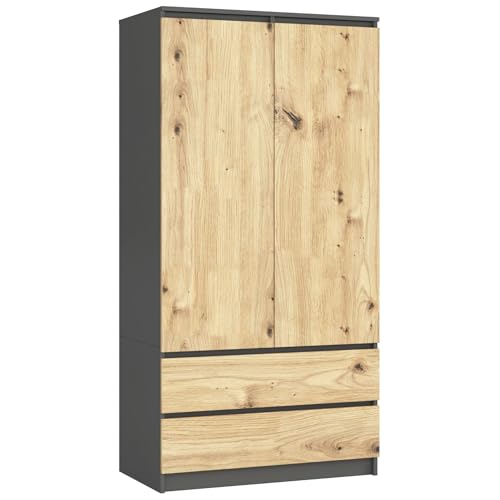 AKORD Zweitüriger Kleiderschrank S 90 cm 2 Schubladen mit Regalen und Einer Kleiderstange für EIN Schlafzimmer Kleiderschränke Minimalistischer Stil 16 mm | Graphitgrau & Eiche Artisan Front AKORD Zweitüriger Kleiderschrank S 90 cm 2 Schubladen mit Regalen und Einer Kleiderstange für EIN Schlafzimmer Kleiderschränke Minimalistischer Stil 16 mm | Graphitgrau & Eiche Artisan Front von AKORD