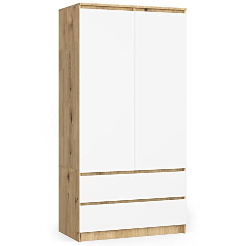 AKORD Zweitüriger Kleiderschrank S 90 cm 2 Schubladen mit Regalen und Einer Kleiderstange für EIN Schlafzimmer Kleiderschränke Minimalistischer Stil | Farbe: Artisan Eiche | Weiß von AKORD