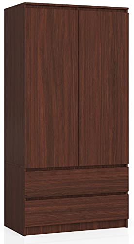 AKORD Zweitüriger Kleiderschrank S 90 cm 2 Schubladen mit Regalen und Einer Kleiderstange für EIN Schlafzimmer Kleiderschränke Minimalistischer Stil Laminierte Platte 16 mm Farbe Wenge von AKORD