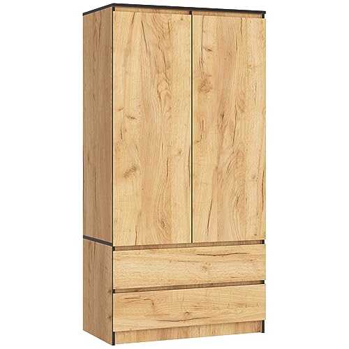 AKORD Zweitüriger Kleiderschrank S 90 cm 2 Schubladen mit Regalen und Einer Kleiderstange für EIN Schlafzimmer Kleiderschränke Minimalistischer Stil Schichtstoffplatte 16 mm | Eiche Craft von AKORD