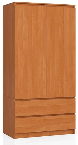 AKORD Zweitüriger Kleiderschrank S 90 cm 2 Schubladen mit Regalen und Einer Kleiderstange für EIN Schlafzimmer Kleiderschränke Minimalistischer Stil Schichtstoffplatte 16 mm Farbe Erle von AKORD