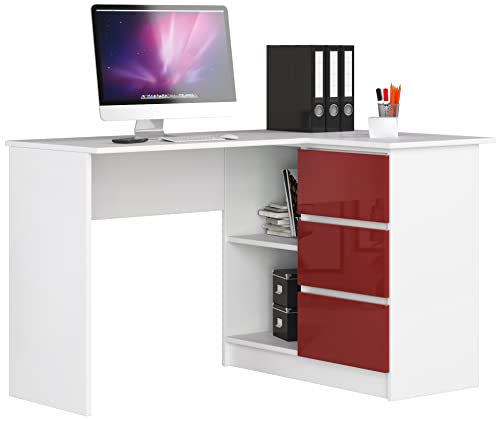 AKORD Eckschreibtisch mit Regal und 3 Schubladen| Schreibtisch | ecktisch | Eck Schreibtisch für Home Office | Einfache Montage | Weiss Rechts Weiß/Rot Glänzend von AKORD