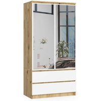 Kleiderschrank AKORD S90 mit Spiegel Eiche Artisan 90 cm 2 Türen 2 Schubladen 4 Ebenen Front Weiß B90 x H180 x T51 cm von AKORD