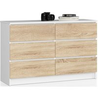 Kommode Akord K120 Weiß 120 cm 6 Schubladen Front Sonoma-Eiche B120 x H77 x T40 cm von AKORD