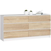 Kommode Akord K160 Weiß 160 cm 6 Schubladen Front Sonoma-Eiche B160 x H77 x T40 cm von AKORD