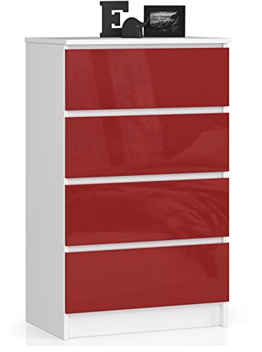 AKORD Kommode mit 4 Schubladen Beistellschrank Highboardmodernes Sideboard für Wohnzimmer Esszimmer Schlafzimmer Flur Badezimmer 60x99x40cmWeiß / Rot Glänzend von AKORD