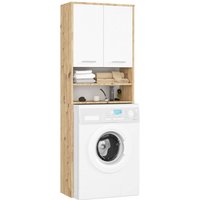 Waschmaschinenschrank AKORD FIN Badschrank Artisan Eiche 64 cm breit 2 Türen 4 Ebenen Front Weiß B64 x H180 x T30 cm von AKORD