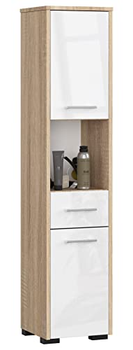 AKORD Badezimmer-Hochschrank schränke | Badezimmer kommode |2D1SZ1WN, B30 x H140 x T30 cm, Gewicht 25 kg | 2 Ablagen mit Türen (je Oben und unten) | 1 Schublade, 1 offenes Fach | als Hängeschrank von AKORD