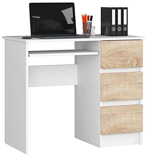 AKORD Schreibtisch A6 90 cm | 3 Schubladen Rechts | Schreibtisch | Bürotisch | Computertisch | Arbeitstisch | Laptoptisch | Bürmöbel | B90 x H77 x T50 cm | Gewicht 29,95 kg | Weiß/Sonoma Eiche von AKORD