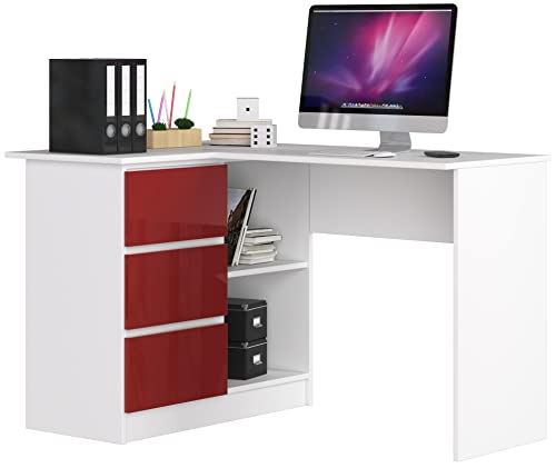 AKORD Eck-Schreibtisch B-16 mit 3 Schubladen und 2 Ablagen | Schreibtisch | ecktisch | Eck Schreibtisch für Home Office | Einfache Montage | B124 x H77 x T85, 48 kg Weiß/Rot Glänzend von AKORD
