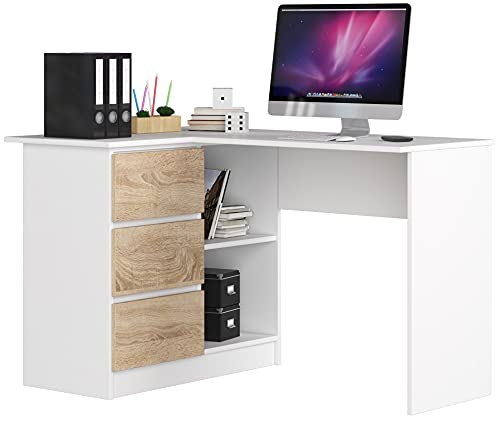 AKORD Eck-Schreibtisch B-16 mit 3 Schubladen und 2 Ablagen | Schreibtisch | ecktisch | Eck Schreibtisch für Home Office | Einfache Montage | B124 x H77 x T85, 48 kg Weiß & Sonoma-Eiche Front von AKORD