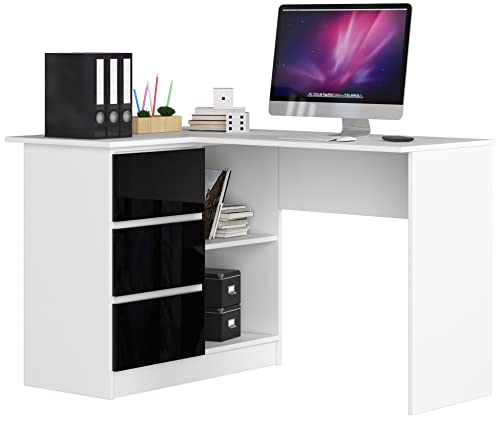 AKORD Eck-Schreibtisch B-16 mit 3 Schubladen und 2 Ablagen | Schreibtisch | ecktisch | Eck Schreibtisch für Home Office | Einfache Montage | B124 x H77 x T85, 48 kg Weiß/Schwarz Glänzend von AKORD