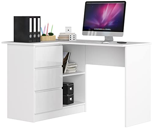 AKORD Eck-Schreibtisch B-16 mit 3 Schubladen und 2 Ablagen | Schreibtisch | ecktisch | Eck Schreibtisch für Home Office | Einfache Montage | B124 x H77 x T85, 48 kg Weiß/Weiß Glänzend von AKORD