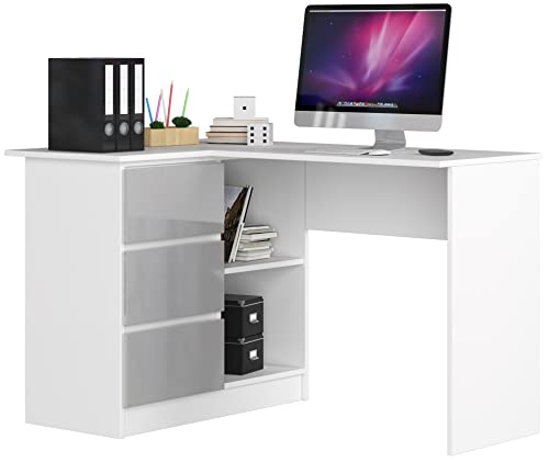 AKORD Eck-Schreibtisch B-16 mit 3 Schubladen und 2 Ablagen | Schreibtisch | ecktisch | Eck Schreibtisch für Home Office | Einfache Montage | B124 x H77 x T85, 48 kg Weiß/Metallic-Glanz von AKORD