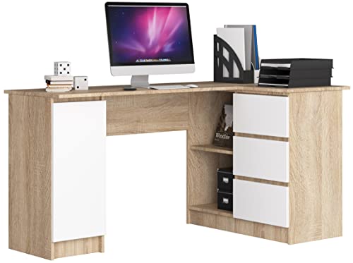 AKORD Eck-Schreibtisch B-20 mit 3 Schubladen, 2 Ablagen und einem Regalfach mit Tür | ecktisch | Eck Schreibtisch für Home Office | Einfache Montage | B155 x H77 x T85, 60 kg Sonoma Eiche/Weiß von AKORD