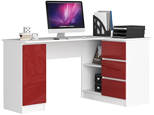 AKORD Eck-Schreibtisch B-20 mit 3 Schubladen, 2 Ablagen und einem Regalfach mit Tür | ecktisch | Eck Schreibtisch für Home Office | Einfache Montage | B155 x H77 x T85, 60 kg Weiß/Rot Glänzend von AKORD