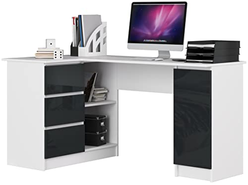 AKORD Eck-Schreibtisch B-20 mit 3 Schubladen, 2 Ablagen und einem Regalfach mit Tür | ecktisch | Eck Schreibtisch für Home Office | Einfache Montage | B155 x H77 x T85, 60 kg Weiß/Graphit Glänzend von AKORD