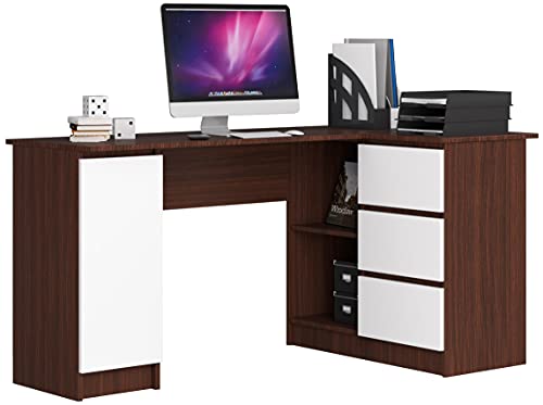 Eck-Schreibtisch B-20 mit 3 Schubladen, 2 Ablagen und einem Regalfach mit Tür | Schreibtisch | ecktisch | Eck Schreibtisch für Home Office | Einfache Montage | B155 x H77 x T85, 60 kg Wenge / Weiß von AKORD