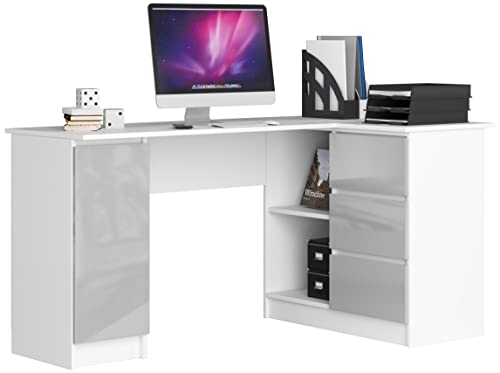AKORD Eck-Schreibtisch B-20 mit 3 Schubladen, 2 Ablagen und einem Regalfach mit Tür | ecktisch | Eck Schreibtisch für Home Office | Einfache Montage | B155 x H77 x T85, 60 kg Weiß/Metallic-Glanz von AKORD