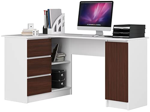 Eck-Schreibtisch B-20 mit 3 Schubladen, 2 Ablagen und einem Regalfach mit Tür | Schreibtisch | ecktisch | Eck Schreibtisch für Home Office | Einfache Montage | B155 x H77 x T85, 60 kg Weiß / Wenge von AKORD