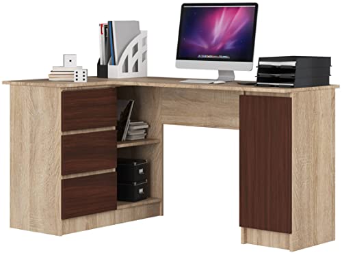 AKORD Eck-Schreibtisch B-20 mit 3 Schubladen, 2 Ablagen und einem Regalfach mit Tür | ecktisch | Eck Schreibtisch für Home Office | Einfache Montage | B155 x H77 x T85, 60 kg Sonoma Eiche/Wenge von AKORD