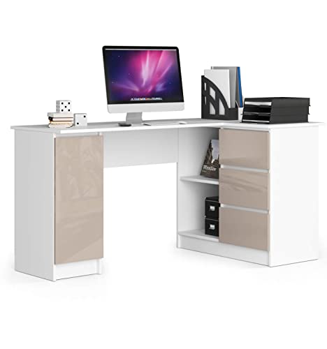 Eck-Schreibtisch B-20 mit 3 Schubladen, 2 Ablagen und einem Regalfach mit Tür | ecktisch | Eck Schreibtisch für Home Office | Einfache Montage | B155 x H77 x T85, 60 kg Weiß / Glänzender Cappuccino von AKORD