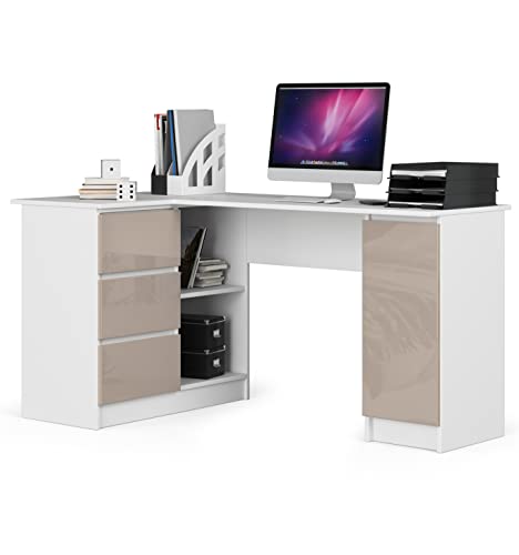 Eck-Schreibtisch B-20 mit 3 Schubladen, 2 Ablagen und einem Regalfach mit Tür | ecktisch | Eck Schreibtisch für Home Office | Einfache Montage | B155 x H77 x T85, 60 kg Weiß / Glänzender Cappuccino von AKORD