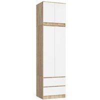 Kleiderschrank Akord S60 mit Aufsatz Sonoma-Eiche 60 cm 2 Türen 2 Schubladen 3 Ebenen Front Weiß B60 x H234 x T51 cm von AKORD
