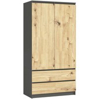 Kleiderschrank Akord S90 Graphitgrau 90 cm 2 Türen 2 Schubladen 4 Ebenen Front Eiche Artisan B90 x H180 x T51 cm von AKORD