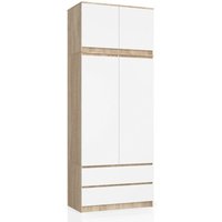 Kleiderschrank Akord S90 mit Aufsatz Sonoma-Eiche 90 cm 2 Türen 2 Schubladen 6 Ebenen Front Weiß B90 x H234 x T51 cm von AKORD