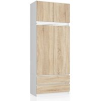 Kleiderschrank Akord S90 mit Aufsatz Weiß 90 cm 2 Türen 2 Schubladen 6 Ebenen Front Sonoma-Eiche B90 x H234 x T51 cm von AKORD