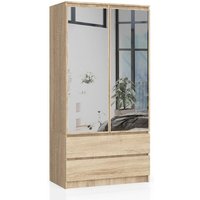 Kleiderschrank Akord S90 mit Spiegel Sonoma-Eiche 90 cm 2 Türen 2 Schubladen 4 Ebenen B90 x H180 x T51 cm von AKORD