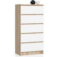 Kommode Akord K60 Sonoma-Eiche 60 cm 5 Schubladen Front Weiß B60 x H121 x T40 cm von AKORD