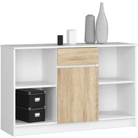 Kommode Akord B17 Weiß 120 cm Tür Schublade 6 Ebenen Front Sonoma-Eiche B120 x H77 x T40 cm von AKORD