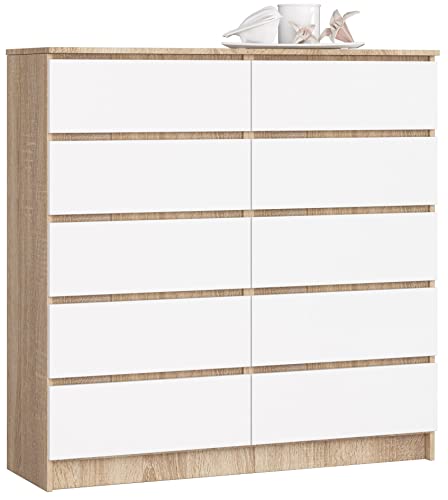 AKORD Kommode K-120 mit 10 (2 x 5) Schubladen | für das Wohnzimmer Schlafzimmer Schrank Büro Arbeitszimmer | Modernes Funktionales Design | B120 x H121 x T40 cm, Gewicht 70 kg | Sonoma Eiche/Weiß von AKORD