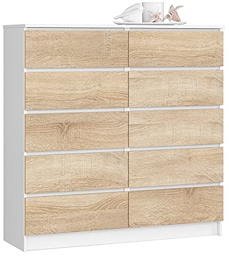 AKORD Kommode K-120 mit 10 (2 x 5) Schubladen | für das Wohnzimmer Schlafzimmer Schrank Büro Arbeitszimmer | Modernes Funktionales Design | B120 x H121 x T40 cm, Gewicht 70 kg | Weiß/Sonoma-Eiche von AKORD