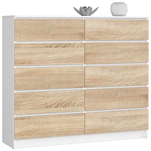 AKORD Kommode K-140 mit 10 (2 x 5) Schubladen | für das Wohnzimmer Schlafzimmer Schrank Büro Arbeitszimmer | Modernes Funktionales Design | B138 x H121 x T40 cm, Gewicht 75 kgWeiß/Sonoma-Eiche von AKORD
