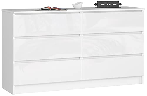 AKORD Kommode K-140 mit 6 (2 x 3) Schubladen | für das Wohnzimmer Schlafzimmer Schrank Büro Arbeitszimmer | Modernes Funktionales Design | B138 x H77 x T40 cm, Gewicht 51kg | Weiß/Weiß Glänzend von AKORD