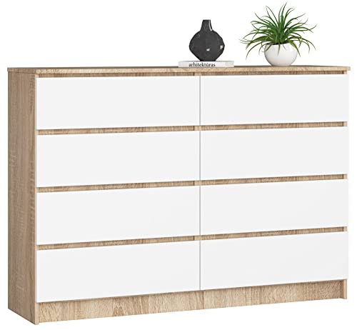 AKORD Kommode K-140 mit 8 (2 x 4) Schubladen | für das Wohnzimmer Schlafzimmer Schrank Büro Arbeitszimmer | Modernes Funktionales Design | B138 x H99 x T40 cm, Gewicht 72 kg | Sonoma Eiche/Weiß von AKORD