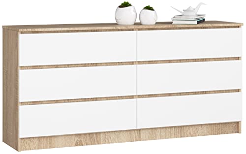 AKORD Kommode K-160 mit 6 (2 x 3) Schubladen | für das Wohnzimmer Schlafzimmer Schrank Büro Arbeitszimmer | Modernes Funktionales Design | B160 x H77 x T40 cm, Gewicht 70 kg | Sonoma Eiche/Weiß von AKORD